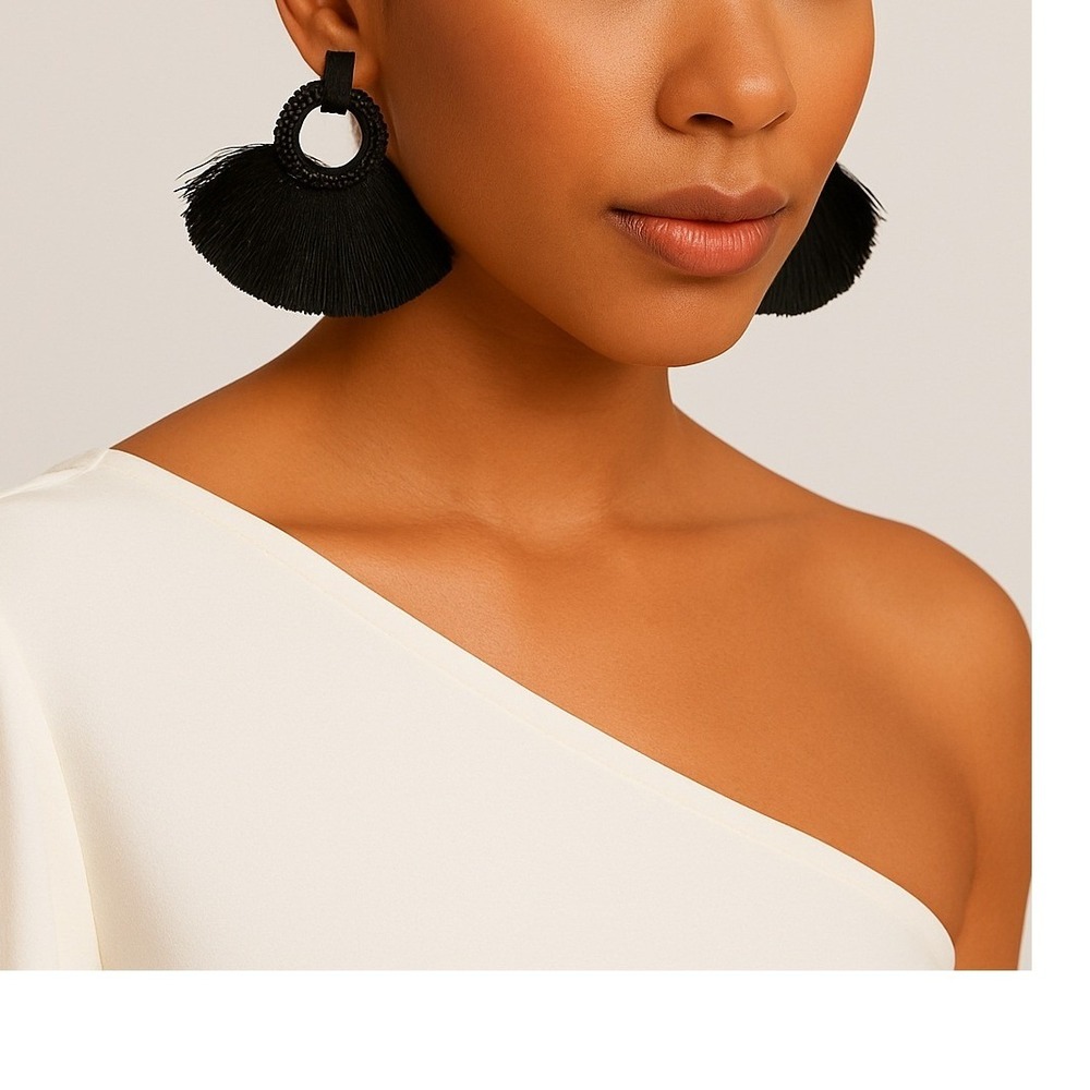 Black Beaded Hoop Tassel Fringe Earrings – Boho Statement Lightweight‎ Jewelry